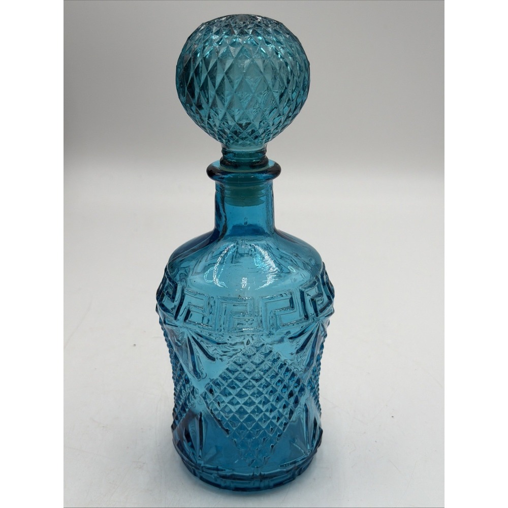 Vintage Blue Glass Genie Bottle Decanter W/Round Glass Stopper Made in Taiwan